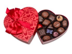 Heart Box, Red Hearts and Leaves, Assorted Chocolates, 14 pc.