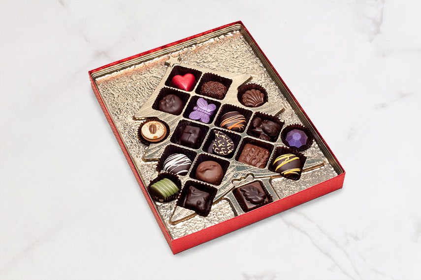 Christmas chocolate boxes 18 Piece Assorted Deluxe Chocolate Christmas Tree Gift Box - Schmid's of San Clemente Fine