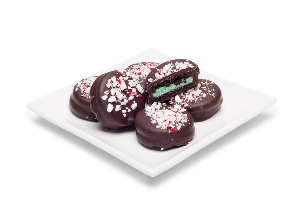 Peppermint Double Stuf Oreos Dipped in Dark Chocolate, Schmid’s Gold Gift Box